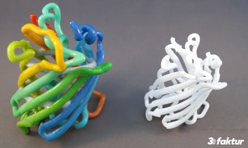 3D printed molecule model of the GFP-laser sintering vs. colorjet