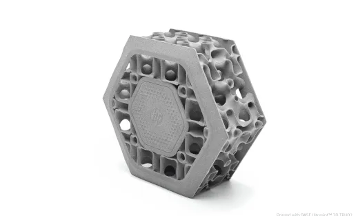 Schock Absorber aus Ultrasint TPU01 als Hexagon mit Gitterstruktur im Inneren.