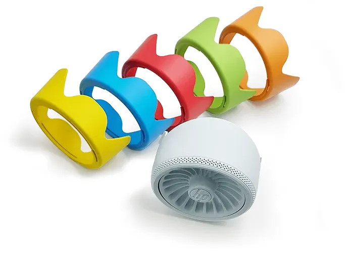 3D printed fan in white with yellow, blue, red, green and orange covers