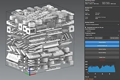 Screenshot eines Bauraums bzw. Printjobs für einen Multi Jet Fusion 3D-Druck mit zahlreichen, ineinander verschachtelten Bauteilen.