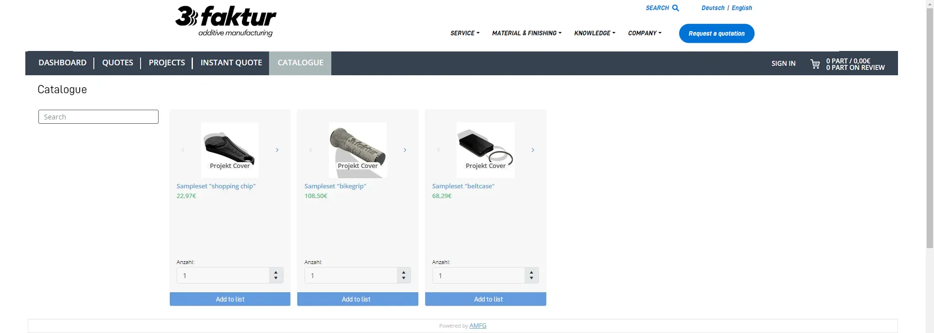 Catalog function with an overview of 3D-printed sample parts that can be ordered online