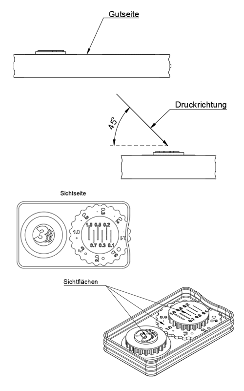 Beispiel für Technische Zeichnung mit Angabe der 3D Druckausrichtung