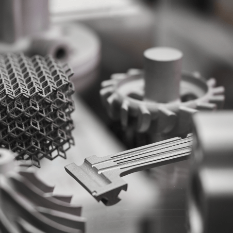 Several 3D printed metal parts lying on a table,