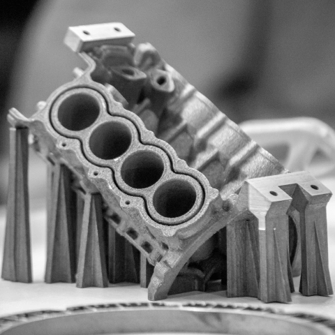 Additively manufactured metal engine block with support structures, oriented upright at an angle.