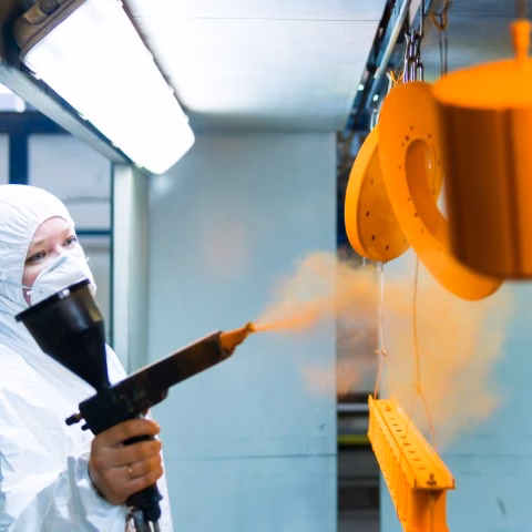 Mitarbeiter in Schutzanzug sprüht orange Pulverbeschichtung auf verschiedene Bauteile