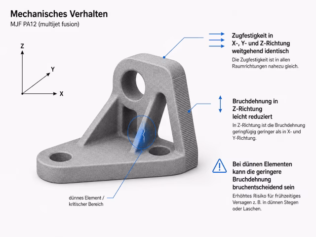 Schematische Darstellung des mechanischen Verhaltens von MJF-PA12 mit nahezu gleicher Zugfestigkeit in alle Richtungen und leicht reduzierter Bruchdehnung in Z-Richtung.
