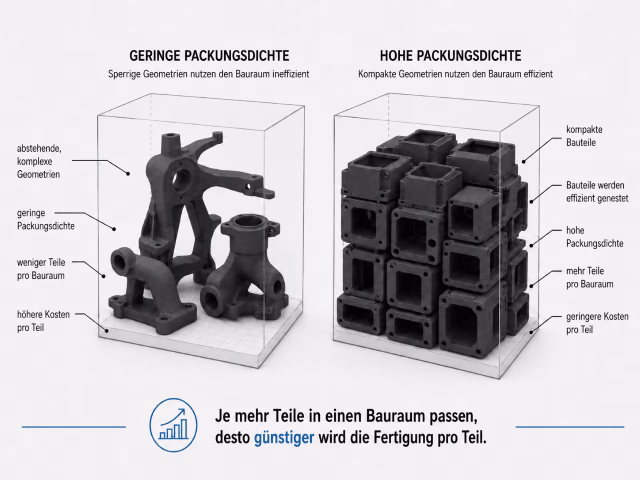 Schematische Darstellung von geringer und hoher Packungsdichte im MJF-Bauraum mit sperrigen Geometrien links und kompakt genesteten Bauteilen rechts.
