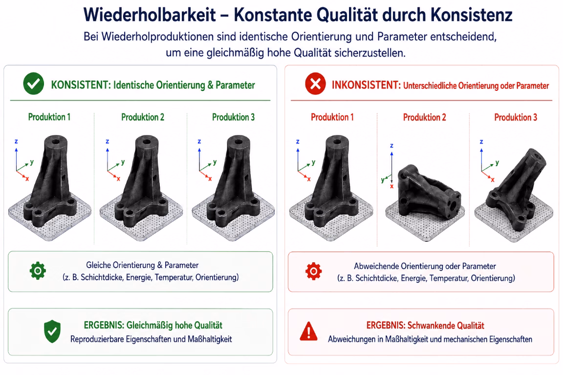 Schematische Darstellung zur Wiederholbarkeit in der MJF-Fertigung: identische Orientierung und Parameter führen zu gleichmäßiger Qualität, abweichende Orientierung oder Parameter zu schwankenden Ergebnissen.