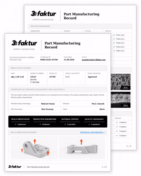 Abbildung des digitalen Fertigungsnachweises Part Manufacturing Record bei 3Faktur
