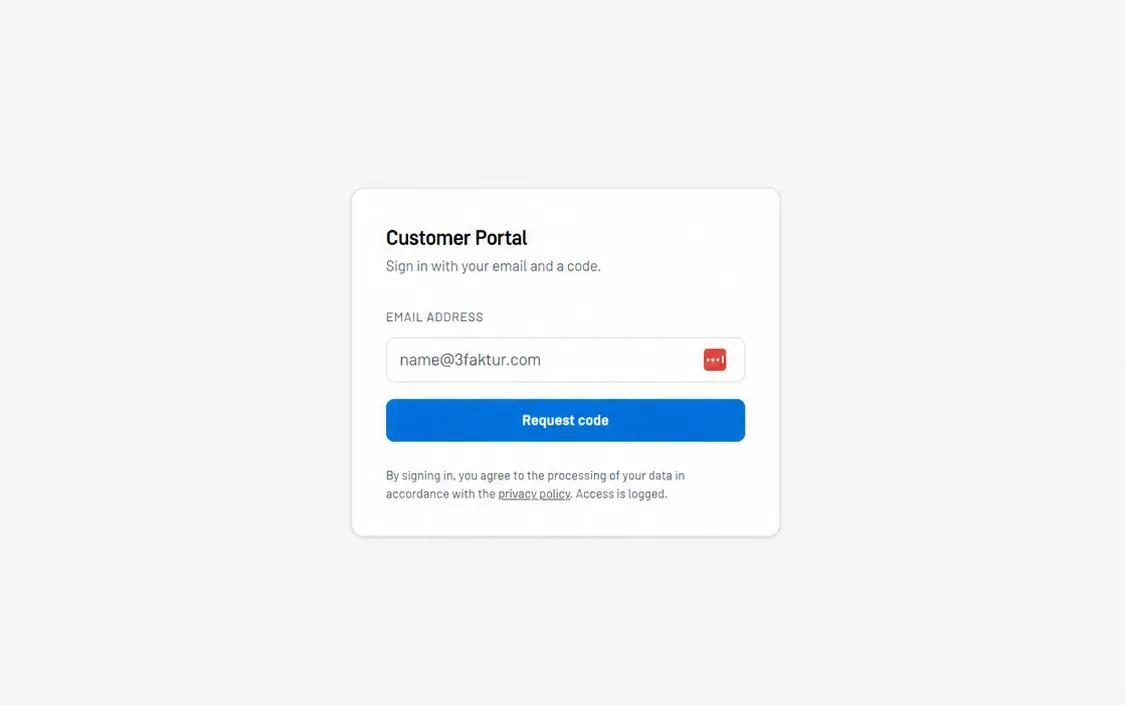 3Faktur Customer Portal login screen with email field and request code button